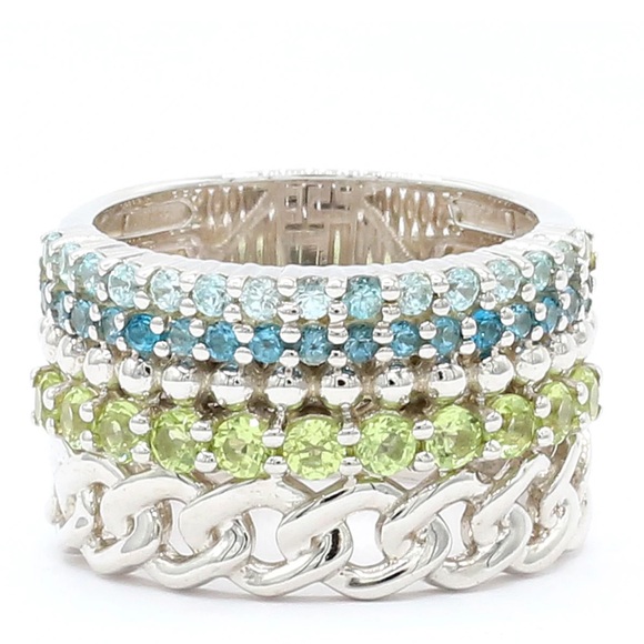 Gems En Vogue Jewelry - Gems En Vogue - Sterling Silver Gemstone & Curb Link Four-Row Wide Band Ring. 8.
